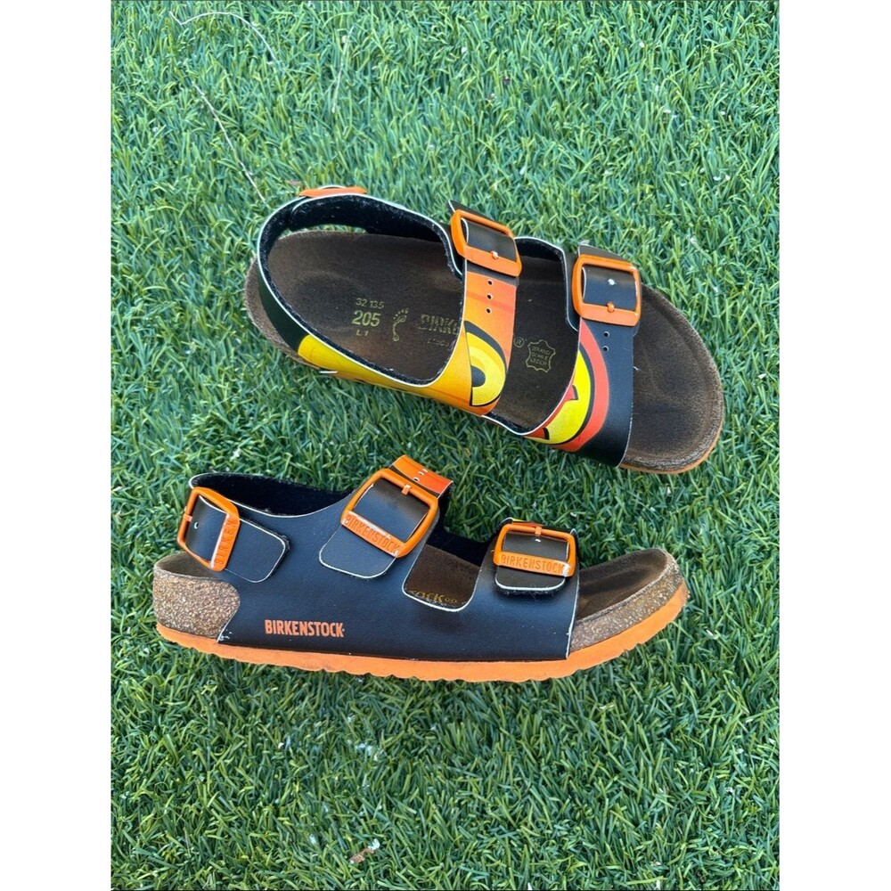 Birkenstock Black and Orange Leather Shoes Sandals in Youth Size 1 or EU 32